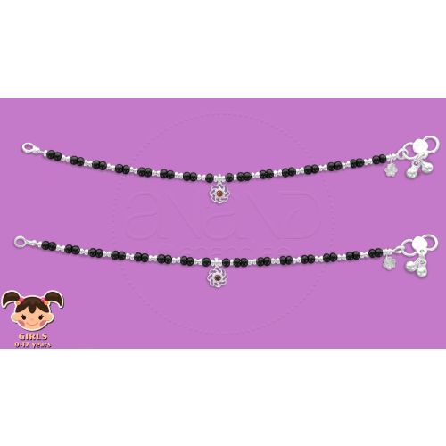 Silver Anklets for KIDS ( Black Beads ) - 18.50 cms