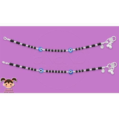 Silver Anklets for KIDS ( Black Beads ) - 19.00 cms